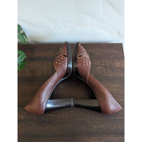 Franco Sarto Women's Brown Leather Metal Studded Peep Toe Heels - Size 10 - Picture 5 of 9
